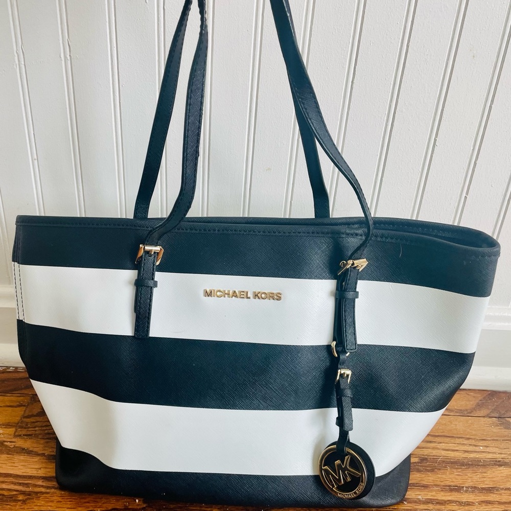 Michael Kors Saffiano Jet Set Black and White Stripe Tote